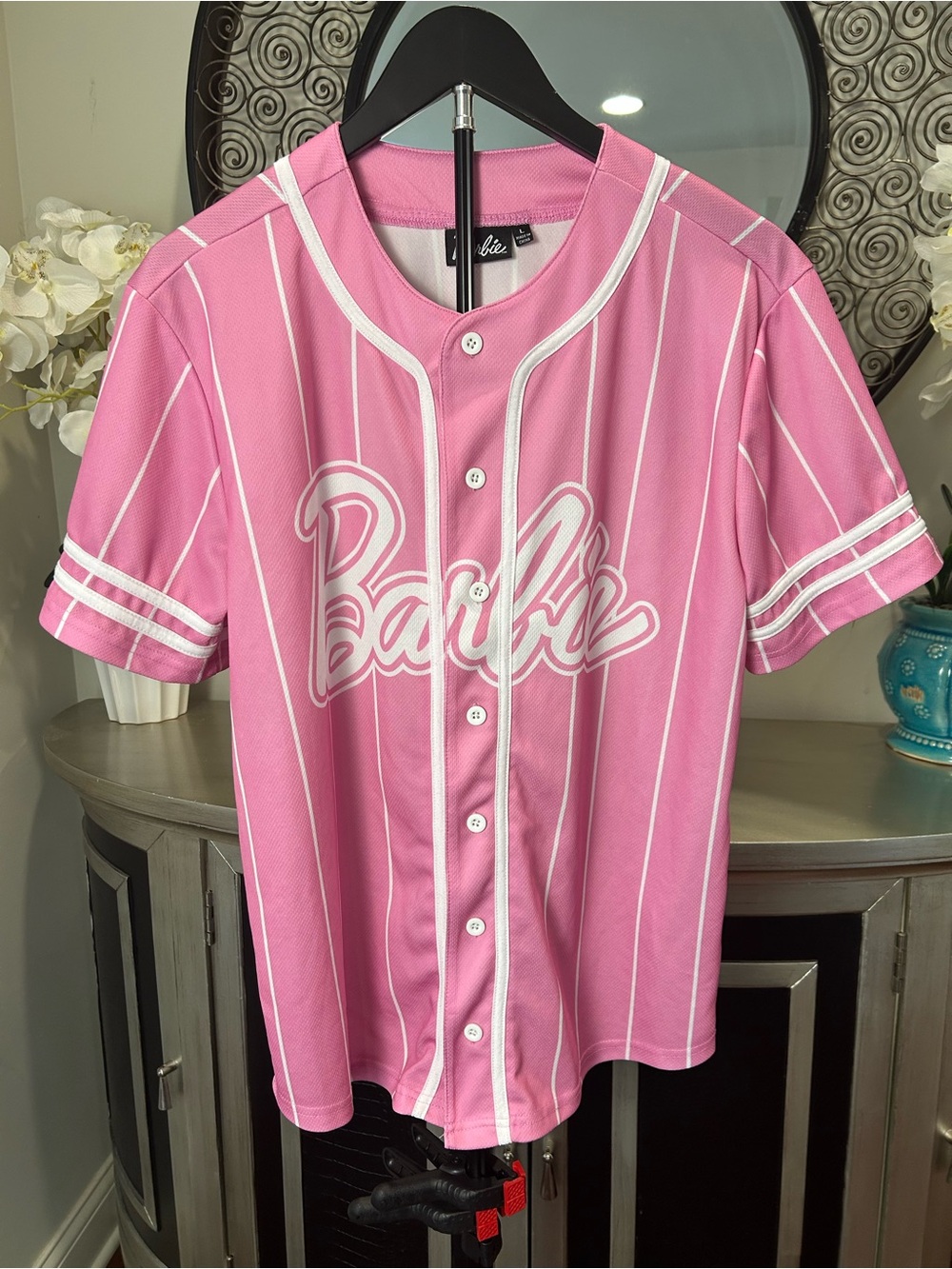 Barbie Pink and White Striped Button-Front Jersey